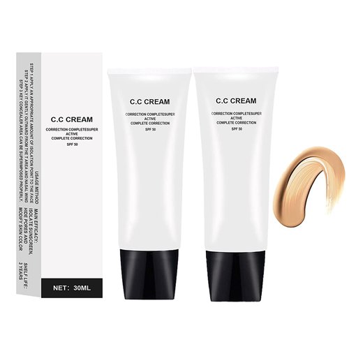 Skin Tone Adjusting CC Cream SPF 50,Cosmetics CC Cream, Colour Correcting Self Adjusting for Mature Skin,All-In-One Face Sunscreen and Foundation,Skin Concealer,Natural Color-1.01 oz (2PCS)