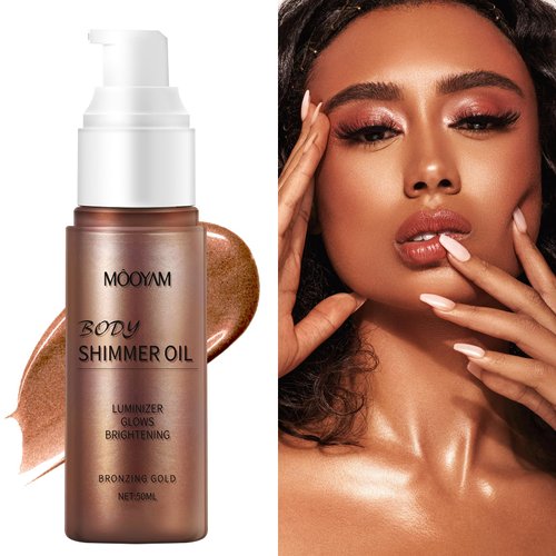 Body Shimmer Oil, Body Shimmering Glitter Oil, Long Lasting Moisturizing Bronze Luminizer Glow Oil For For Face & Body, Watterproof Liquid Illuminator Body Highlighter, Glistening Bronze