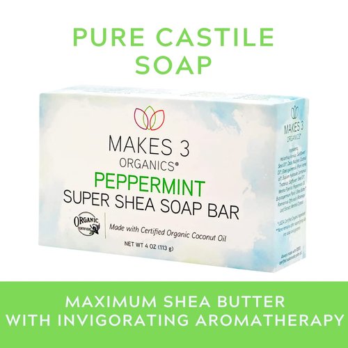 Makes 3 Organics Peppermint Shea Butter bar Soap, Peppermint, 4 Oz