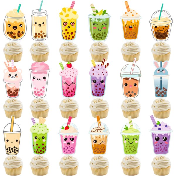 Bubble Tea Cupcake Toppers 48Pcs Boba Tea Themed Birthday Party Decorations Bubble Milk Tea Cake Cupcake Topper Decorations for Pearl Milk Tea Theme Birthday Baby Shower Party Supplies