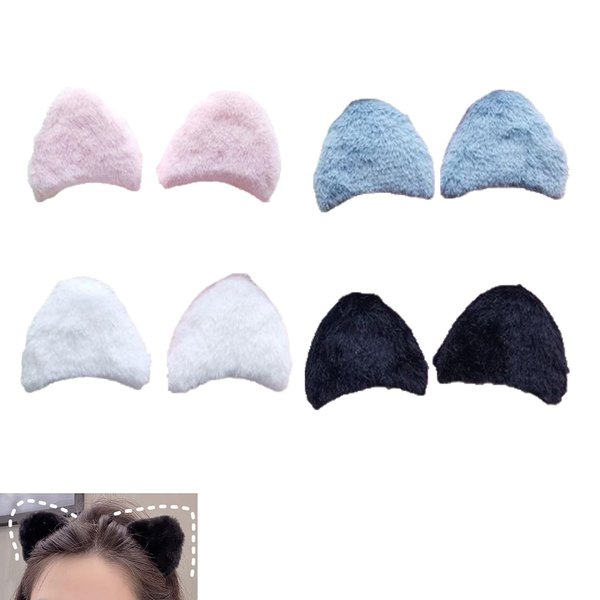 ArrErr 4 Pair Felt Cat Ears Applique Plush Fox Furry Ear Patch 6 * 5.5cm for Hair Clip DIY Headband Hat Sewing Clothes Craft Lolita Halloween Costume Cosplay Dress, black/white/blue/pink, AE-143