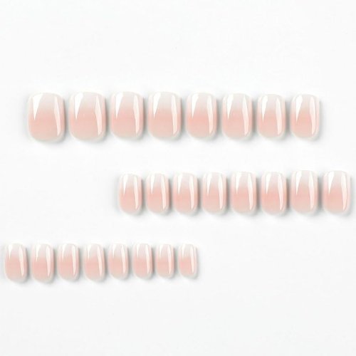 BAOYAALIN Pink White Gradient Press on Nails Short Square Ombre Fake Nails with Design Glue on Nails for Women Girls Acrylic False Nails Stick on Nails Press on Nail for Wedding 24Pcs