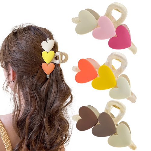 3 PACK Sweet Heart Shape Matte Acrylic Hair Accessories - Strong Hold Jaw Clips for Thick Hair on Women and Girls