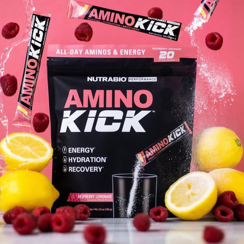 NutraBio – Amino Kick – All in One Performance Formula Energy, Hydration, Recovery 20 Servings, (Raspberry Lemonade) – 6g Amino Acids – Support Muscle Building