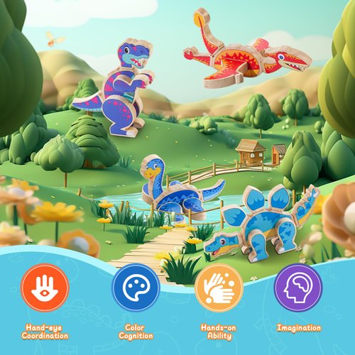 JugueteLand Magnetic Dinosaur Building Blocks, Wooden Dino Snap Blocks, STEM Take Apart Dinosaurs Playset, Montessori Fine Motor Skills Educational Learning Toy, Preschool Gift for 3 4 5 6 Years Kids