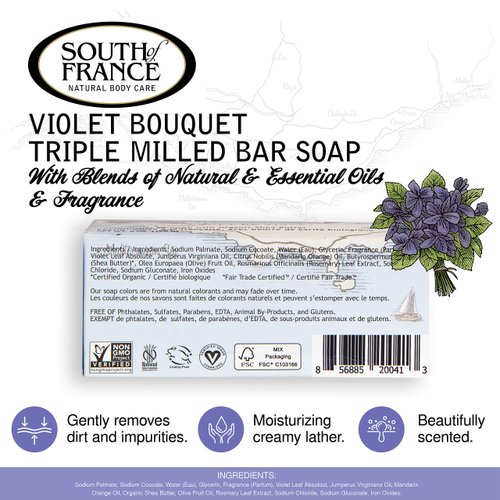 Violet Bouquet Clean Bar Soap by South of France Clean Body Care | Triple-Milled French Soap with Organic Shea Butter + Essential Oils| Vegan, Non-GMO Body Soap | 6 oz Bar ? 4 Pack