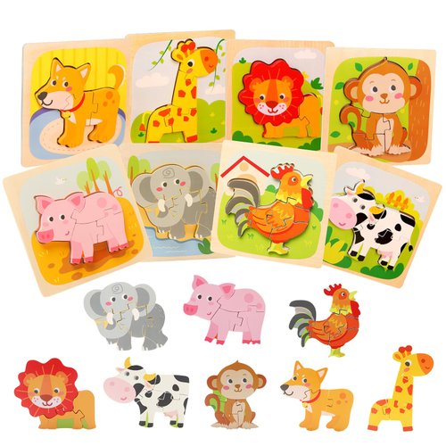Wooden Puzzles for Toddlers 2-4, 8 Pack Animal Puzzles for 1-3 Years Boys Girls, Montessori Educational Toy for Ages 1-4, Baby Learning Toys Gifts with Storage