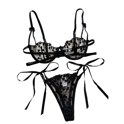 Lilosy Sexy Tie Side Cute Underwire Push Up Strappy Heart Embroidered Mesh Sheer Lingerie Set Women See Through Bra and Panty 2 Piece Bow Black Small