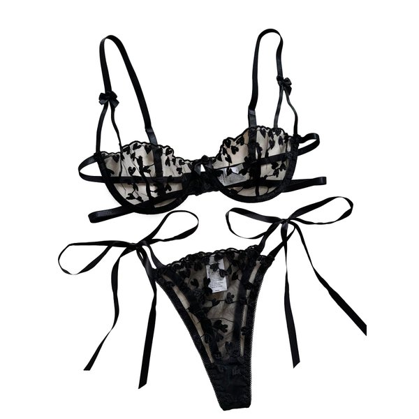Lilosy Sexy Tie Side Cute Underwire Push Up Strappy Heart Embroidered Mesh Sheer Lingerie Set Women See Through Bra and Panty 2 Piece Bow Black Small