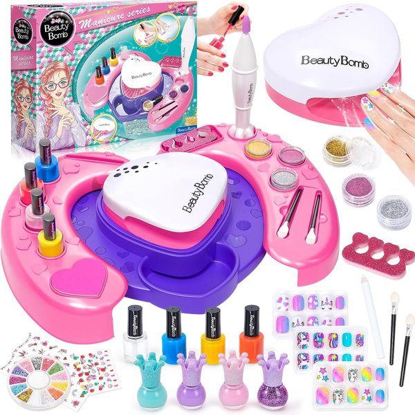 Tacobear Kids Nail Polish Set for Girls Nail Art Kit with Nail Dryer, Storage Desk, Nail Polish, Nail Pen, Fake Nail, Glitter Powder, Separator, Sticker, Spa Toys Birthday Gifts for Girls Age 6 7 8-12