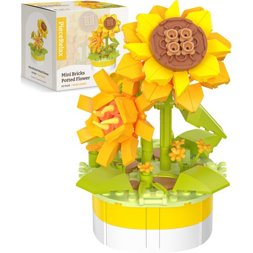 PieceRelax Flower Bouquet Building Decoration Set Artificial Flowers Mini Bricks Potted Sunflower Home Accessories or Best Gift Valentine Décor for Him and Her Botanical Collection for Adults [KZ1028]