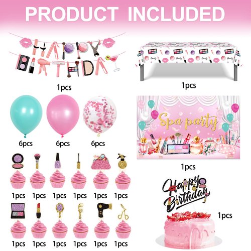Spa Party Supplies for Girls Includes Cake Topper, 12Cupcake Toppers, 18 Latex Balloons, Spa Backdrop, 1 Table Cloth , 1 Banner for Spa Birthday Party Decoration