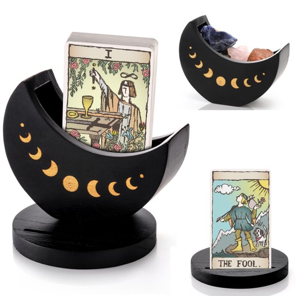Eorbow Tarot Deck Holder with Moon Shape Case, Wood Tarot Card Display Box Stand, Moon Phase Daily Oracle Card Organizer, Witchcraft Decor Supplies for Crystal Stone Storage
