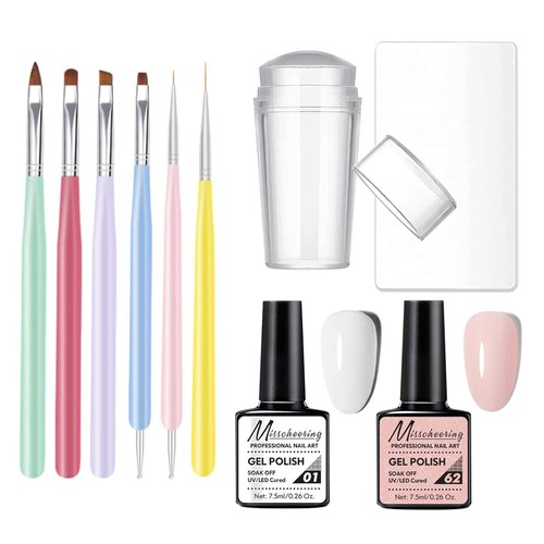 Gel French Manicure Kit, Gorvalin Glitter Nude Pink & White UV French Tip Gel Nail Polish Stamper Brushes Dotting Pens French Tip Tool Kit for French Nail Art DIY Design