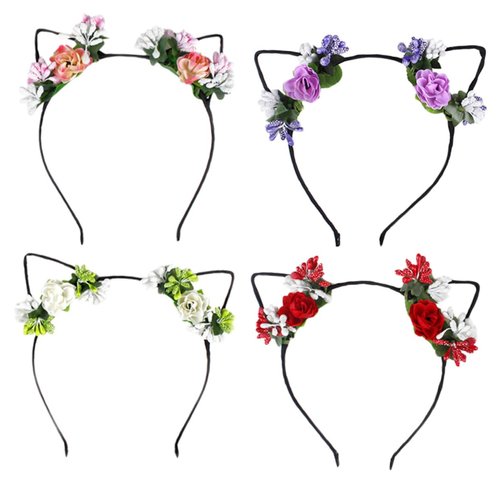 Beavorty 4pcs Cat Floral Headbands with Artificial Flowers for Kids Cosplay - Halloween Party Favors