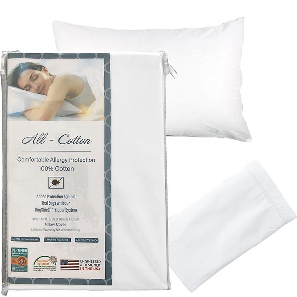 National Allergy Premium 100% Cotton Zippered Pillow Protector - King Size - White - 2 Pack - 300 Thread Count - Hypoallergenic Bed Pillowcase with Zipper - Breathable Encasement Cover