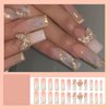 RUOKEXIN Nail Press ons Long Press on Nails Coffin Fake Fingernails Glossy Ombre Acrylic False Nails with 3D Butterfly Designs Gold Glitter Powder Artificial Nails Stick on Nails for Women 24Pcs