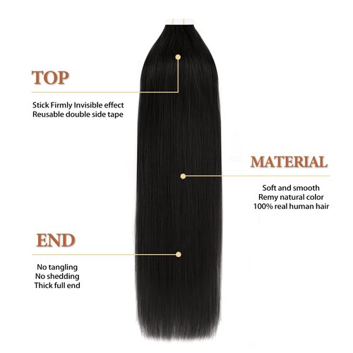 Lovrio 22" 20pcs 50g Tape in Hair Extensions Black Hair Color Jet Black Silky Straight Tape ins Huamn Hair