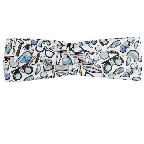 Ambesonne Eye Chart Headband for Women, Scattered Optometry Themed Accessories on a Plain Background Print, Elastic Comfy Hair Accessory Knotted Head Wrap Everyday Use, M-L, Blue White