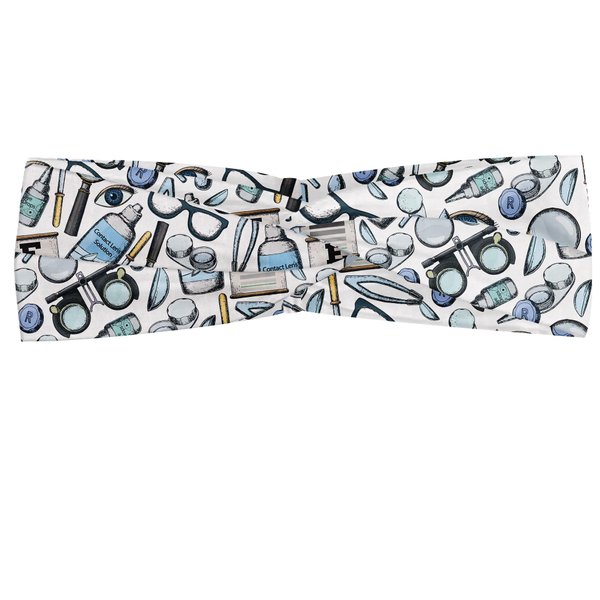 Ambesonne Eye Chart Headband for Women, Scattered Optometry Themed Accessories on a Plain Background Print, Elastic Comfy Hair Accessory Knotted Head Wrap Everyday Use, M-L, Blue White