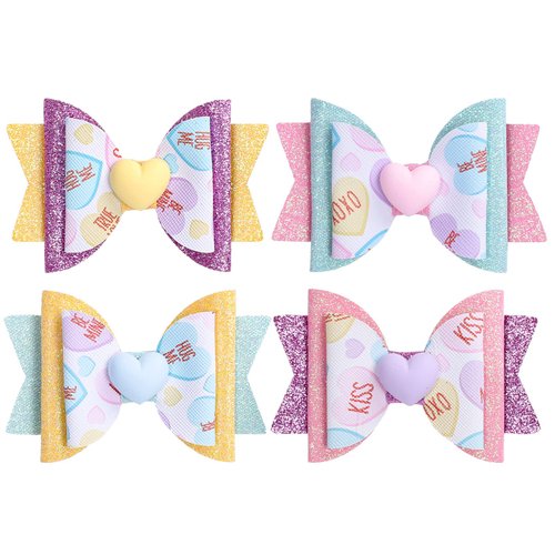 Whaline 4Pcs Valentine's Day Hair Bow Clips Colorful Candy Heart Hairgrips Glitter Leather Hair Barrettes Sparkly Alligator Hair Pins for Girls Toddlers Teens Wedding Birthday Party Hair Accessories