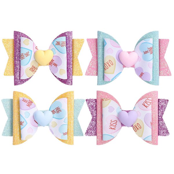 Whaline 4Pcs Valentine's Day Hair Bow Clips Colorful Candy Heart Hairgrips Glitter Leather Hair Barrettes Sparkly Alligator Hair Pins for Girls Toddlers Teens Wedding Birthday Party Hair Accessories