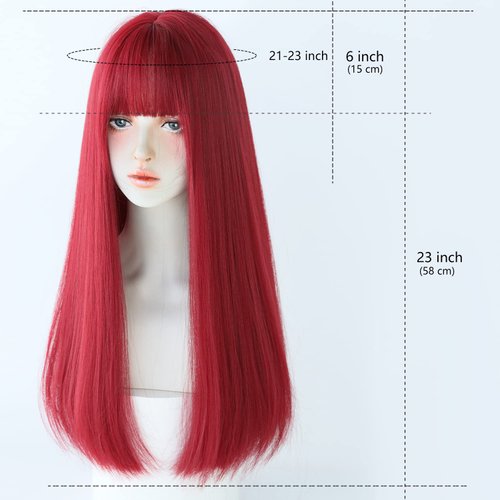 7JHH WIGS Red Wigs with Bangs Burgundy red Synthetic Long Straight Wig for Women Party and Cosplay Bright Red Wig Coloful(23" Red Wine)