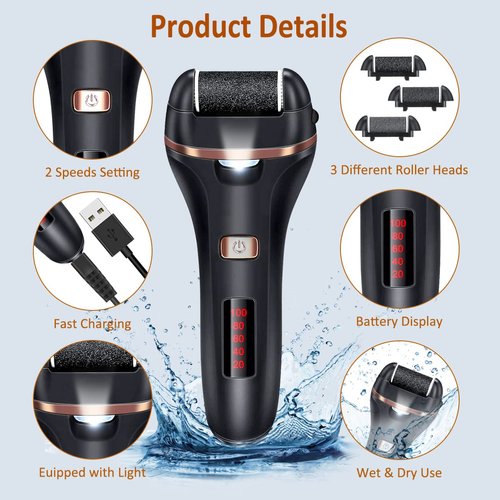 Electric Callus Remover for Feet,Rechargeable Foot File Hard Skin Remover,Waterproof 14 in1 Professional Pedicure Kit for Cracked Heels &Dead Skin,with 3 Roller Heads 2 Speed, Battery Display