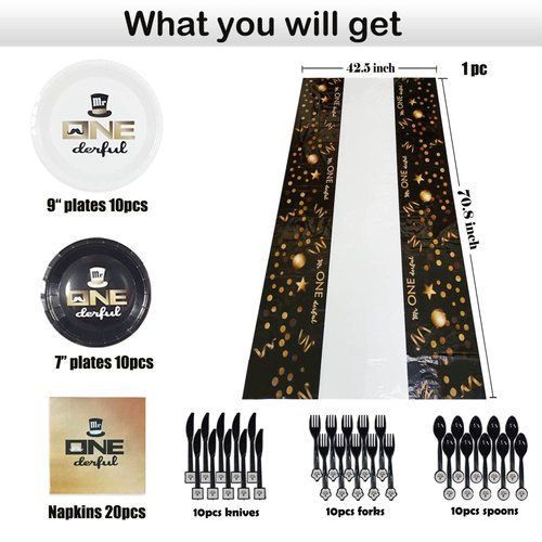 Mr Onederful 1st Birthday Party Tableware Kit 71pcs, Mr Onederful Paper Plates Napkins Forks Disposable Plastic Table Cloth for Boy 1st Birthday Party Supplies Decorations