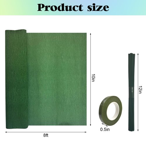 65pcs Crepe Paper Flower DIY Kits, 14 Rolls Rainbow Colors Crepe Paper Rolls 8ft Long 10 Inch Wide, 50 Pcs Green Floral Iron Wire and 1 Roll Green Tape for Birthday Party Wedding Festival Ornament