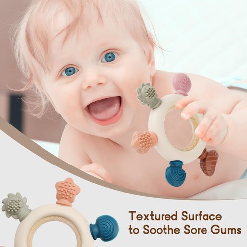 AULEGE 2 Packs Baby Teething Toy for Babies 0-3-6-12,18 Months, BPA Free Silicone & Natural Beech Baby Teething Ring for Teething Relief, Wooden Ring Toy for Newborn Boys, Girls