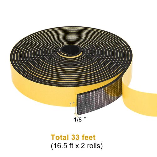 TORRAMI Door Seal 1 inch W x 1/8 inch T x 16.5 Ft Length, Foam Soundproofing Insulation Weather Stripping Gasket (Total 33 Ft Length, 2 Rolls of 16.5 Ft Each)