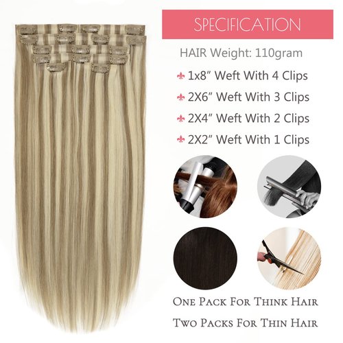 Loxxy Human Hair Extensions Clip in Piano Light Brown Mixed With Platinum Blonde 110Gram 7PCS Seamless Hair Extensions Clip in Human Hair Remy PU Clip In Hair Extensions For Women #P8/60 16Inch