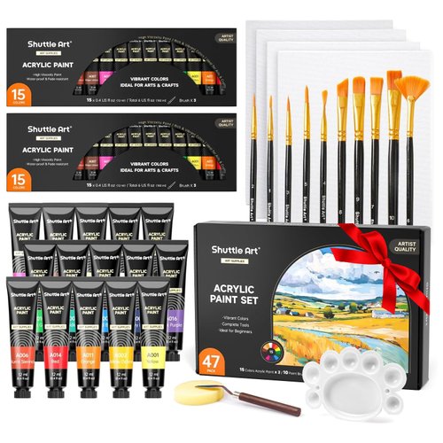 47 Pack Acrylic Paint Set, Shuttle Art 15 Colours (12ml Each, 2Pack) Acrylic Paint with 10 Brushes Painting Canvas Knife Palette Sponge, Complete Gift Set for Kids, Adults Painting Canvas, Ceramic