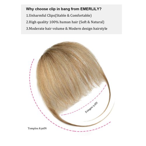 EMERLILY Bangs Hair Clip in Hair Extensions Human Hair Flat Front Face Air Fringe Bangs with Temples Dark Blonde Soft Real Human Hair Pieces for Women