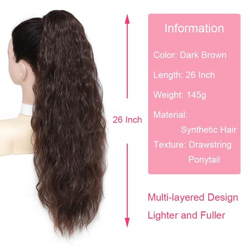 KETHBE Ponytail Extension, 26 Inch Drawstring Ponytail Hair Extensions Synthetic Long Curly Wavy Hair Extensions Ponytail Thick Hair Pieces for Women (Dark Brown)