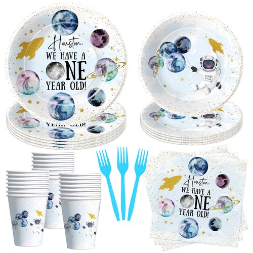 HIPVVILD Outer Space First Birthday Party Supplies, Space 1st Birthday Party Decorations Tablewar...
