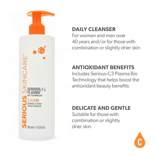 Serious Skincare - Hydrating C3 Vitamin C Facial Cleanser - Gentle Face Wash with Hydrolyzed Collagen - Botanical Extracts - For Dry and Mature Skin - 12 oz.