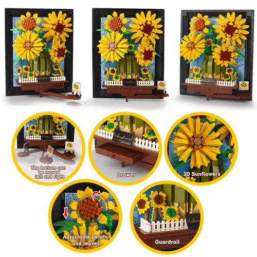 Allhero Sunflower Building Blocks Sets with Frame, 3D Sunflower Flower Bouquet Building Set for Boys Girls Age 6+, Adult, Gift for Mother's Day, Birthday, Christmas