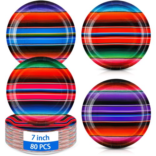 Sunnychicc 80 Pcs Mexican Serape Fiesta Paper Plates 7 Inch Colorful Stripes Mexico Platters Cinco De Mayo Taco Party Plates Disposable Piñata Mexico Taco Colorful Cake Dinner Party Tableware