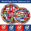 96Pcs International World Flags Party Supplies Country Flag Paper Plates Napkins Travel Trip Around the Globe Party Decorations World Flag Dinnerware Party Favor for Birthday Party Tableware Serves 24
