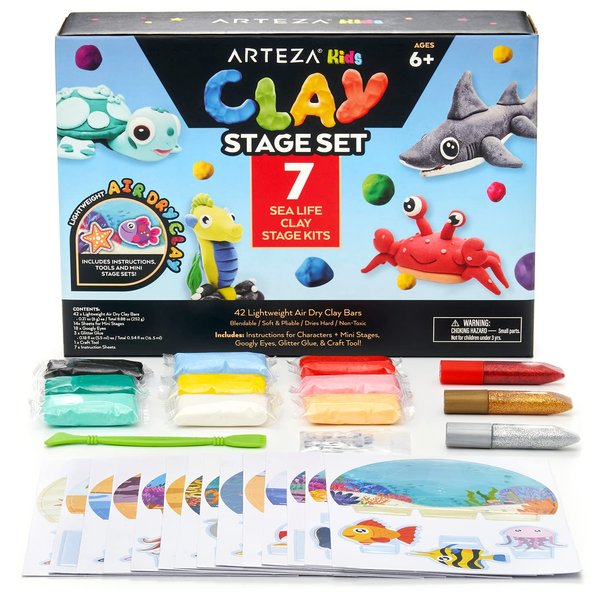 Arteza Kids Air Dry Clay, 42 Bars, Sea Life Stage Modeling Clay Kit, 14 Mini-Stages, 18 Googly Eyes, 3 Glitter Glues, 1 Craft Tool, 7 Instruction Sheets, Craft Supplies for Learning and Developing