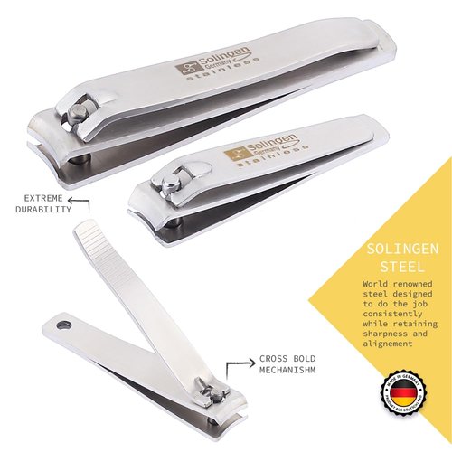 Solingen Nail Clippers | 2 Pcs Professional Sharp Tools Set | Stainless Steel Metal Made in Germany | Kit for Manicure & Pedicure ToeNail FingerNail Care For Women Mens and Baby