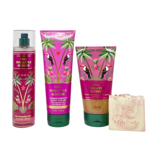 Bath & Body Works Pink Pineapple Sunrise 3 Piece Bundle - Fragrance Mist - Body Cream - Body Scrub - with a Himalayan Salts Springs Bar Soap - Full Size