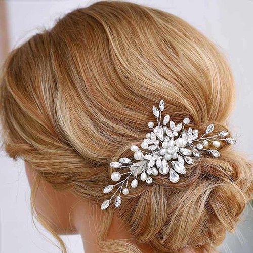 Casdre Rhinestone Pearl Crystal Bridal Hair Accessory - Hair Clip, Barrette for Brides, Women and Girls (A Silver)