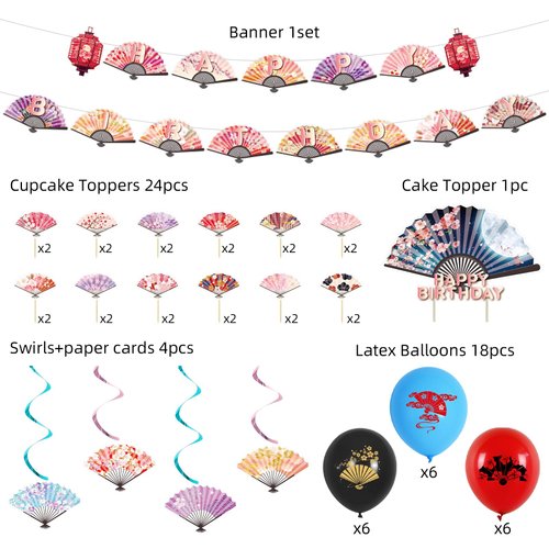 ADIANZI Japanese Folding Fans Birthday Party Decorations Chinese Birthday Banner Cake Topper Hanging Swirls Balloons Cupcake Toppers Asian Birthday Party Decorations Japanese Birthday Party Supplies