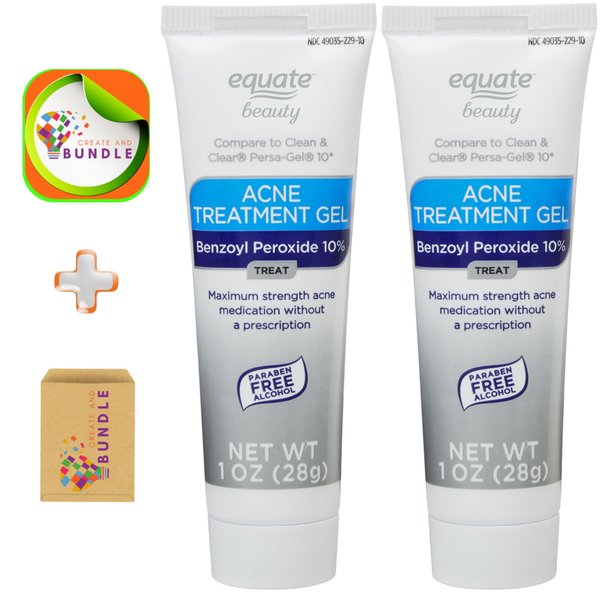 Equate 2-Pack 10% Benzoyl Peroxide Acne Treatment Gel - Powerful Skincare Combo for Clear, Radiant, and Acne-Free Skin + Create Sticker