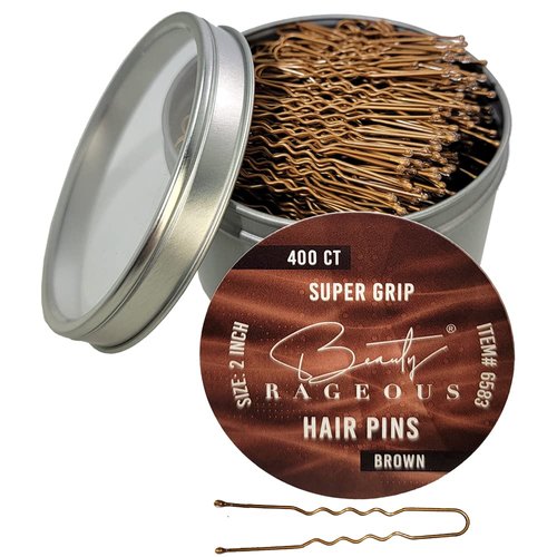 Super Grip U-Shaped Hair Pins - 400 Ct Approx - Handy Reusable Tin (Brown)