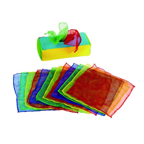 Excellerations Plush Pull & Play 12 inches L x 5-1/2 inches W x 3-1/2 inches H Tissue Box 12 Square Scarves for Children, Kids Educational Baby Toy, 9 Months and Up