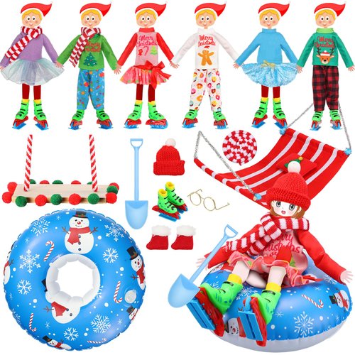Cutecrop 15 Pcs Christmas Elf Doll Accessories Set Include Elf Costume Swing Spade Scarf Glasses Skating Shoes Socks Hammock Red Hat PVC Swim Ring for Xmas Elf Dolls(Cute)